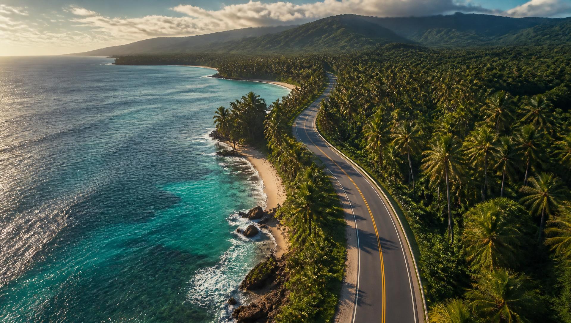 Palm-lined coastal road in the Dominican Republic